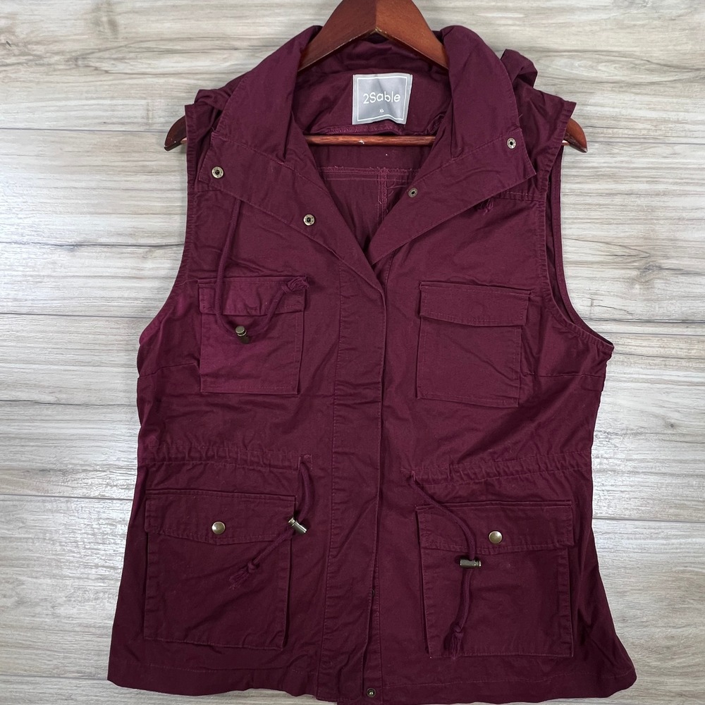 2Sable Womens XL Burgundy Cotton Utility Vest Hooded Drawstring Cargo Pockets